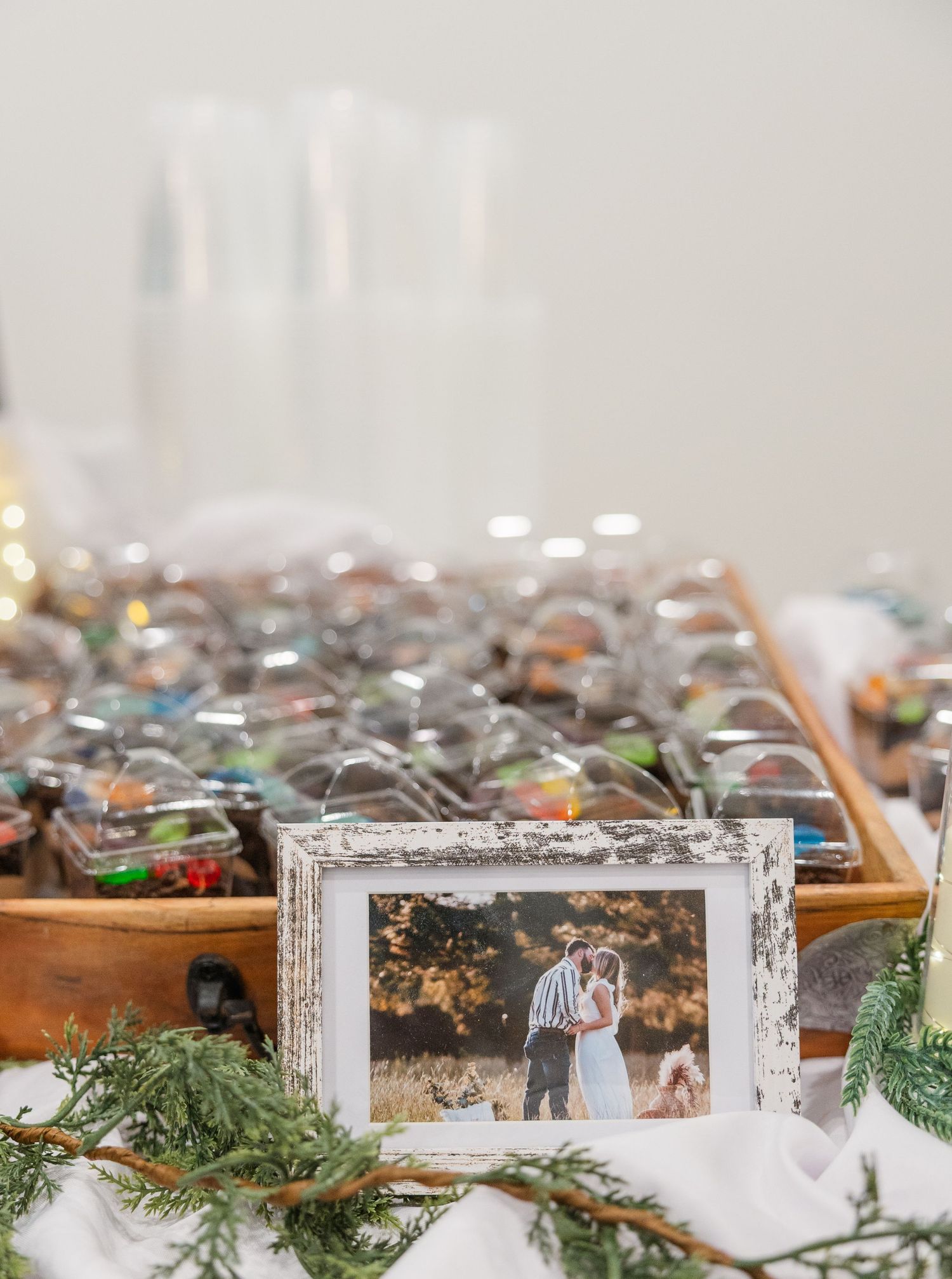 Rustic wedding favor table with candy-filled dome packages in wooden tray beside framed couple photo and greenery.