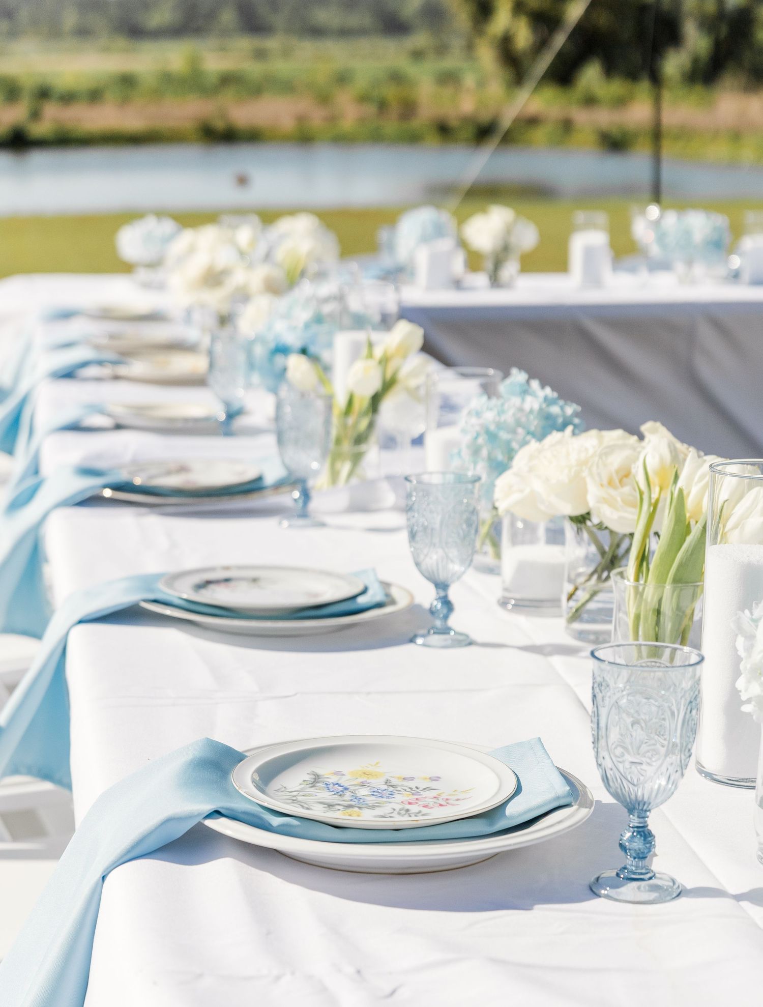 Elegant outdoor wedding reception table with blue napkins, floral china, blue glassware, and white tulip and hydrangea centerpieces.