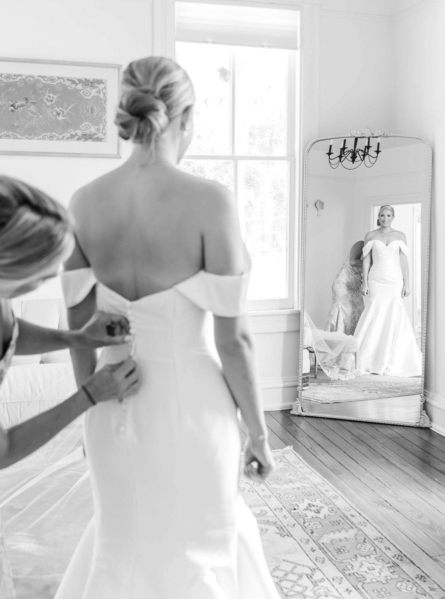 A series of getting ready moments in a bright white room with elegant bridal preparations.