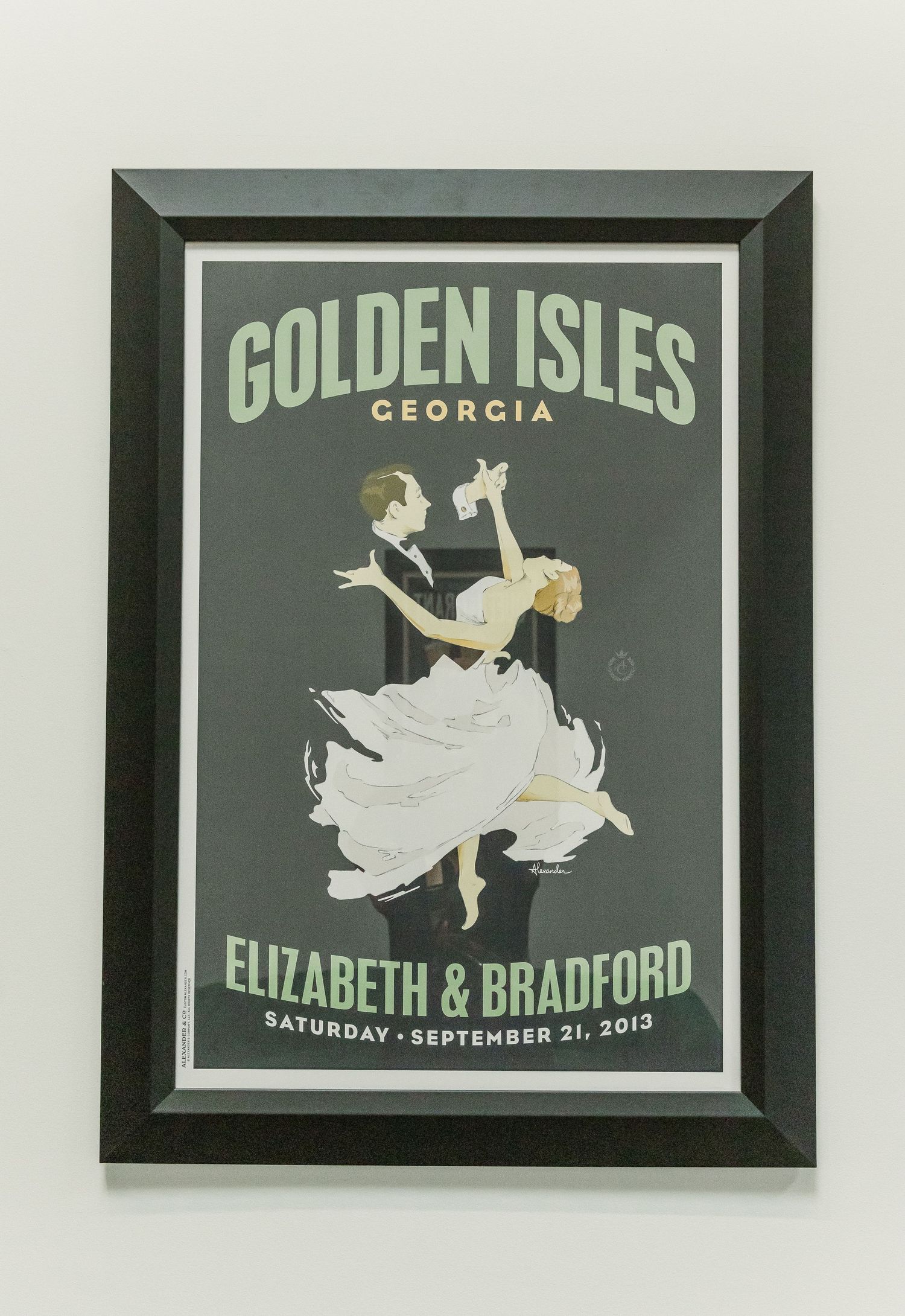 Framed vintage-style Golden Isles Georgia wedding poster featuring dancing couple illustration.