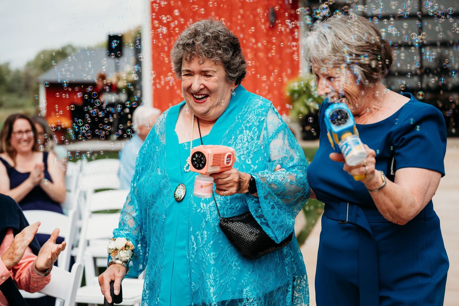 A sequence of photos showing people in turquoise shirts enjoying beverages at an outdoor gathering.