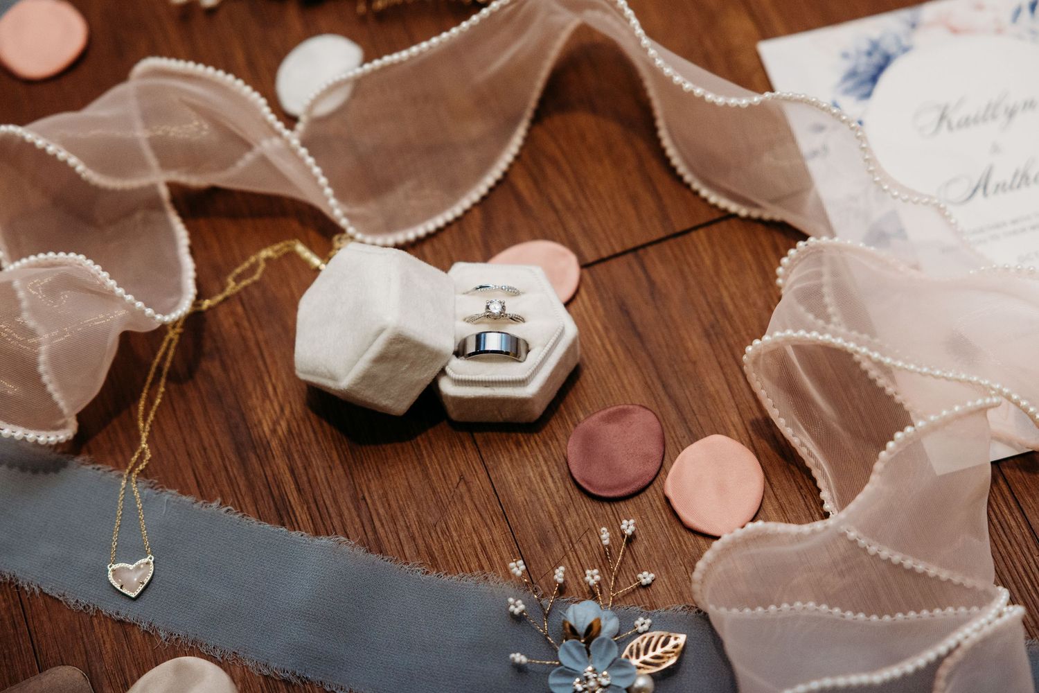 Wedding rings in a white box with sheer ribbon and scattered pennies on a wooden surface.
