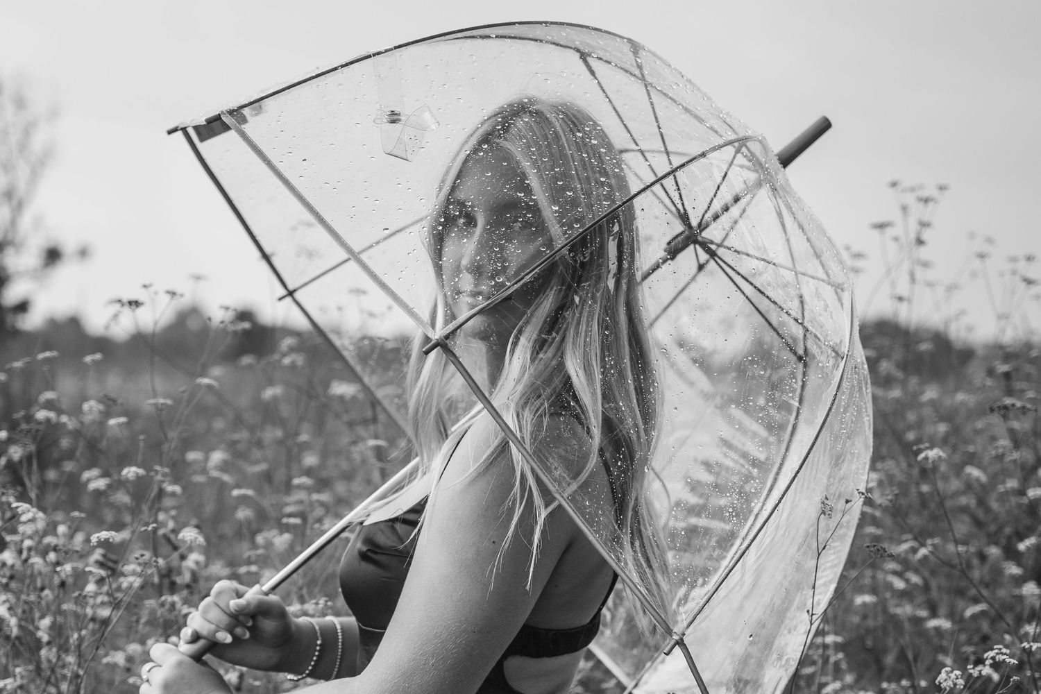 A person holds a transparent umbrella in a field of wildflowers on an overcast day.