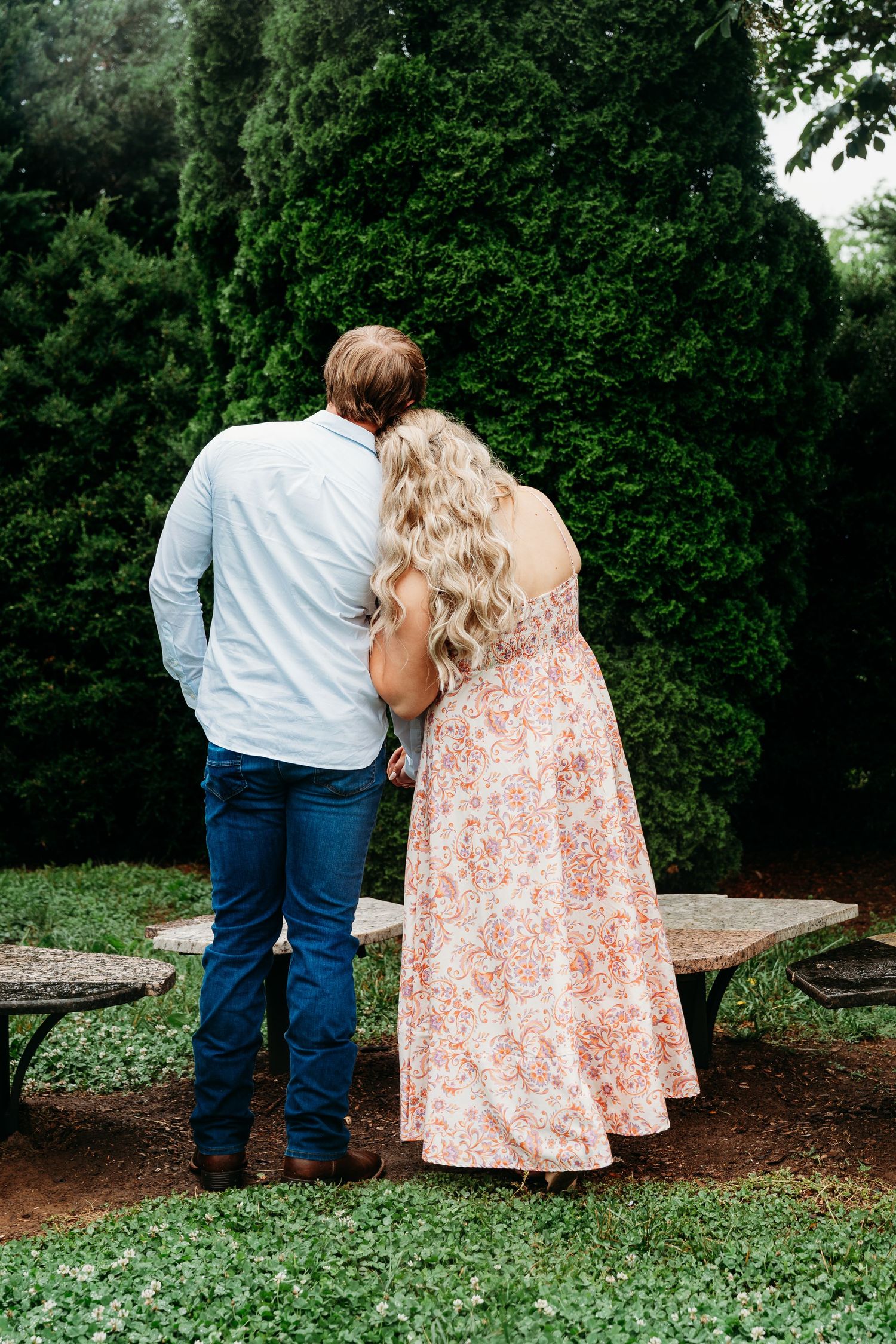 Couple standing together arm in arm, admiring tall green evergreen trees in a peaceful garden.