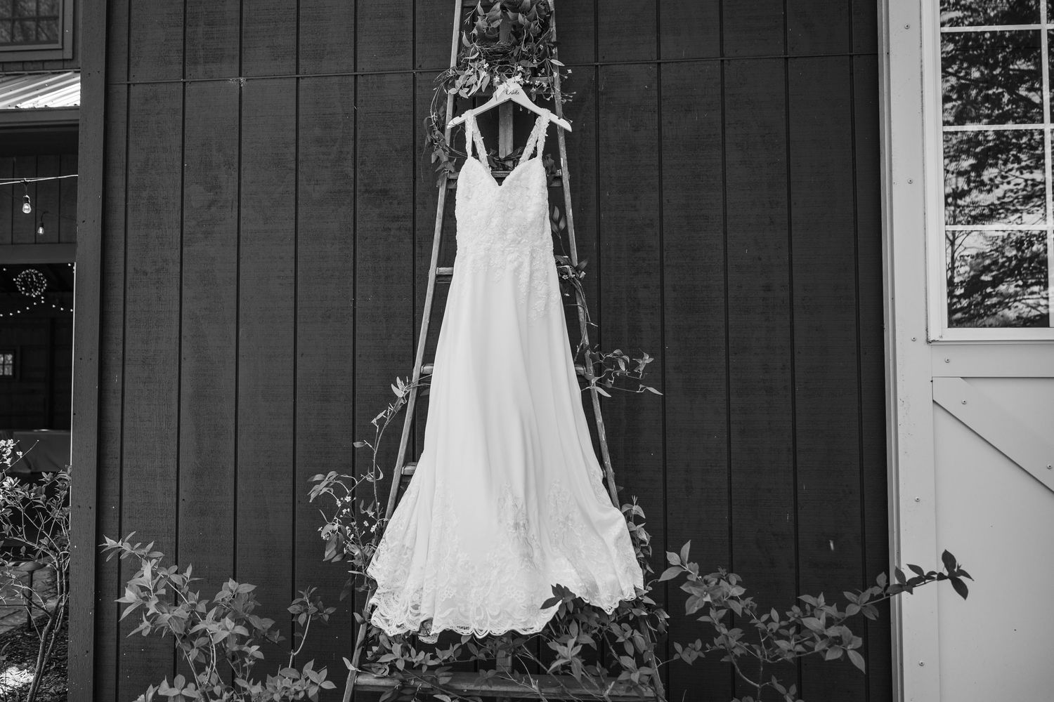 An elegant white wedding dress hangs against a dark wooden wall surrounded by greenery.