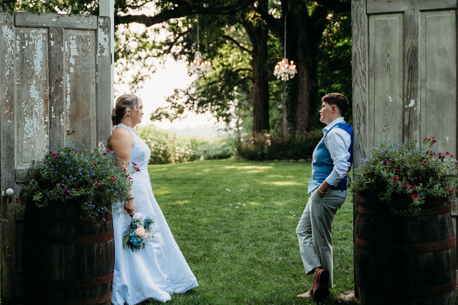 A series of candid wedding photos in a garden setting showing moments between bride and groom outdoors.