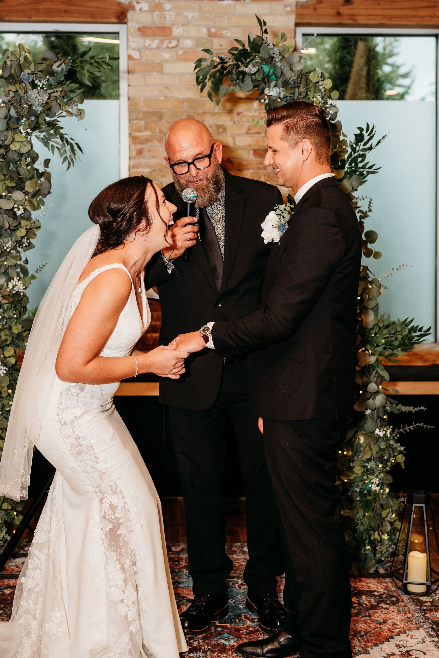 Four sequential wedding ceremony photos showing the bride and officiant sharing a lighthearted moment during the vows.