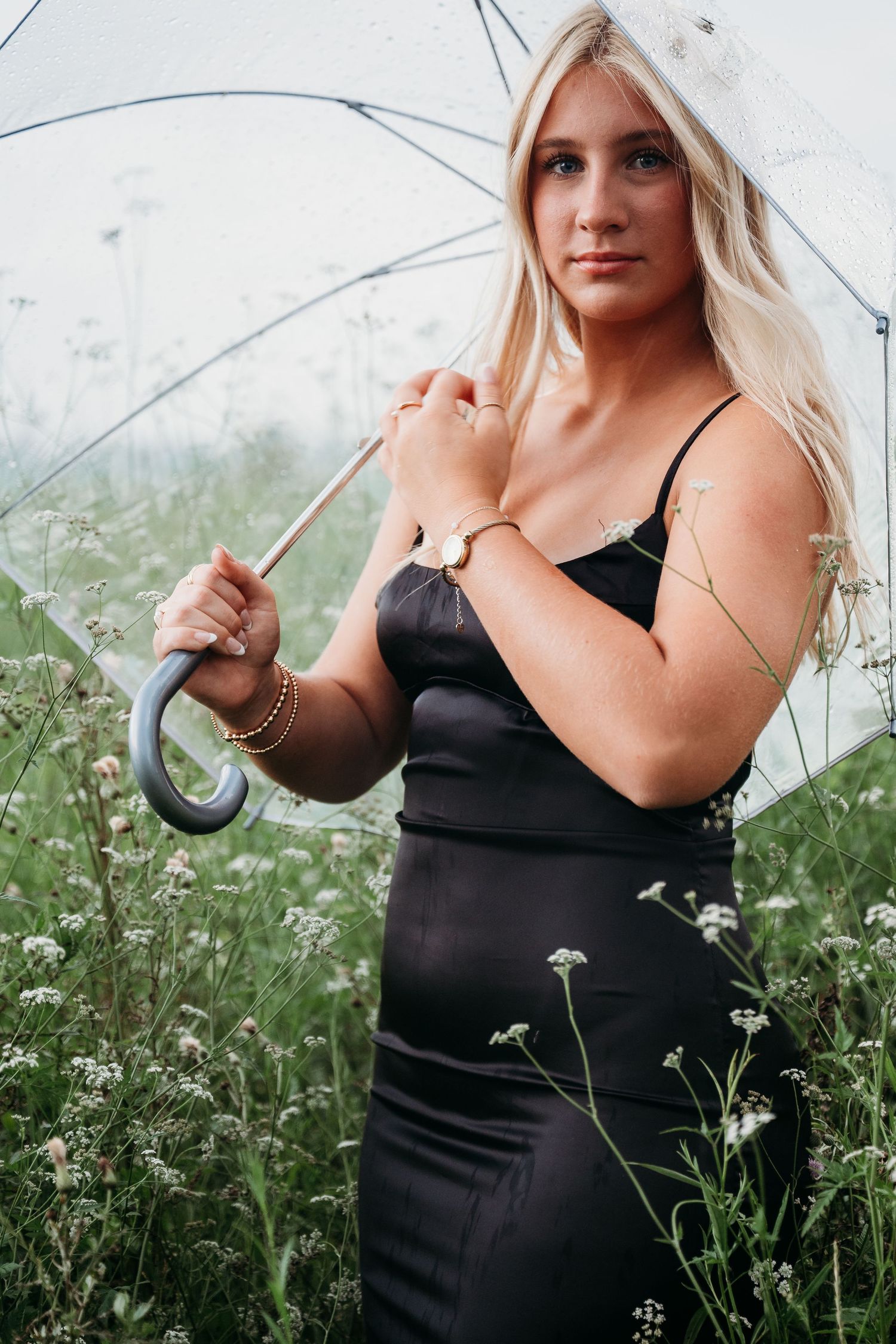 A person in a black dress holds a clear umbrella among wildflowers on an overcast day.