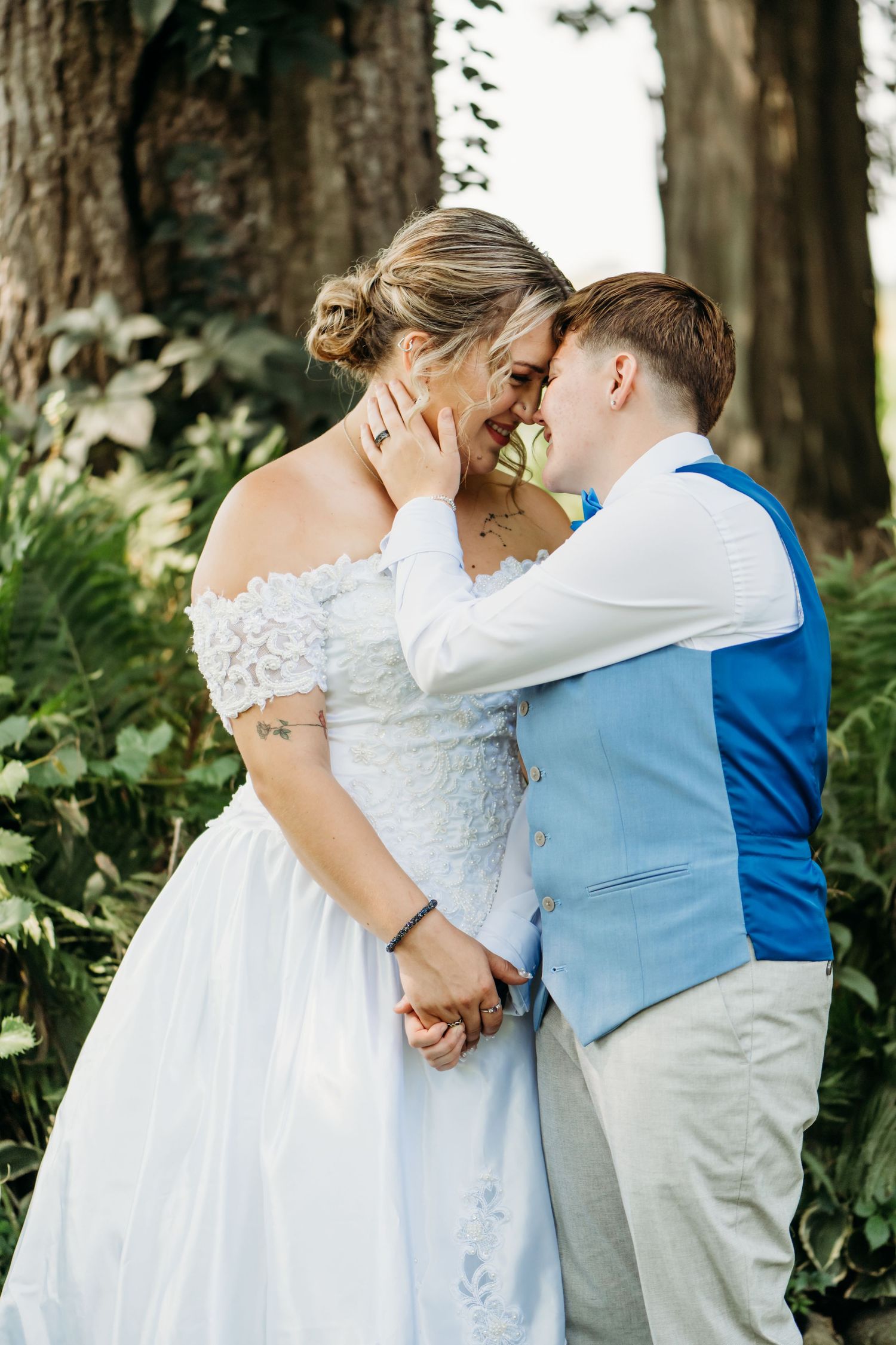 A series of romantic wedding photos showing an intimate moment between a couple in formal attire outdoors.