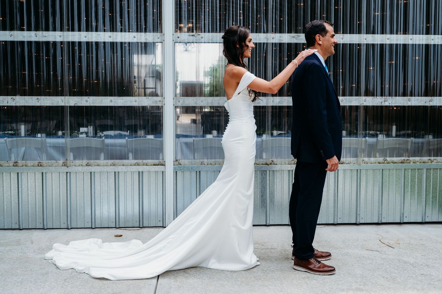 A sequence of four wedding photos shows a couple dancing together on an outdoor patio with flowing movements.