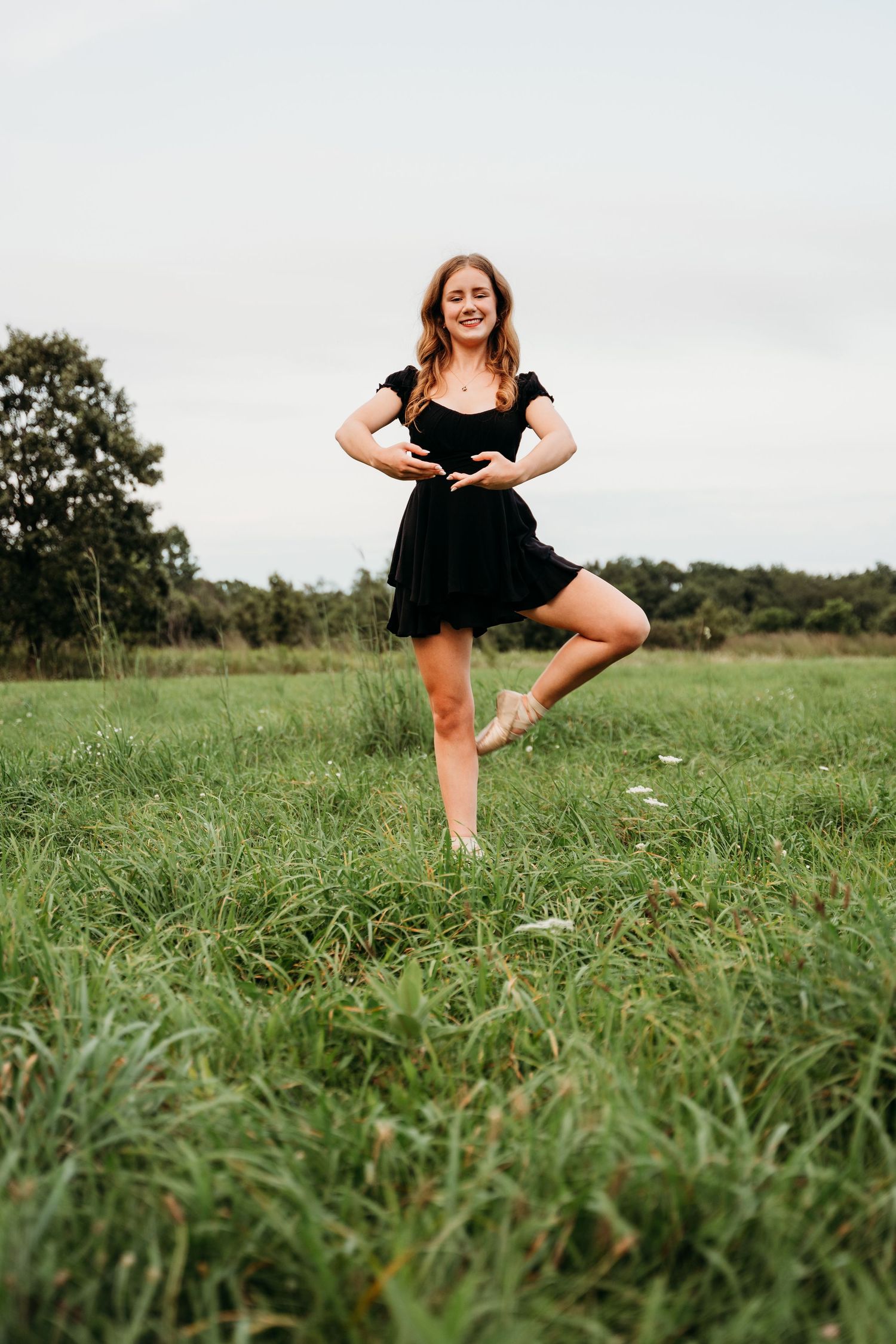 A playful dance sequence captured in a grassy field shows energetic movement against a cloudy sky.