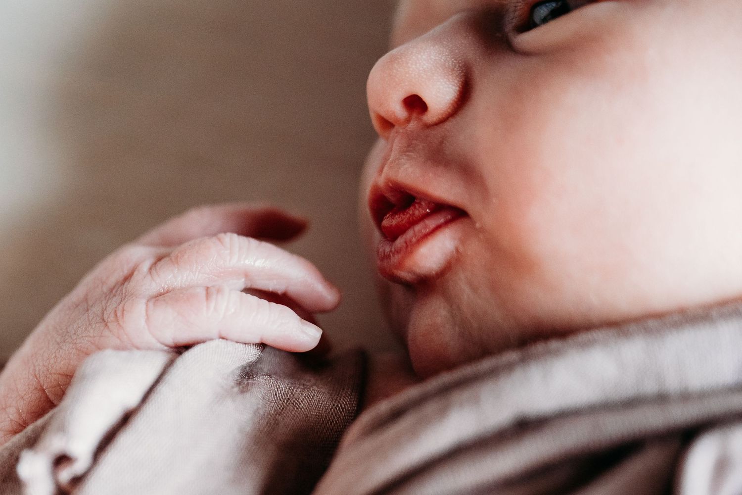 Close-up photo of a newborn baby's face with soft, delicate features against a light-colored background.