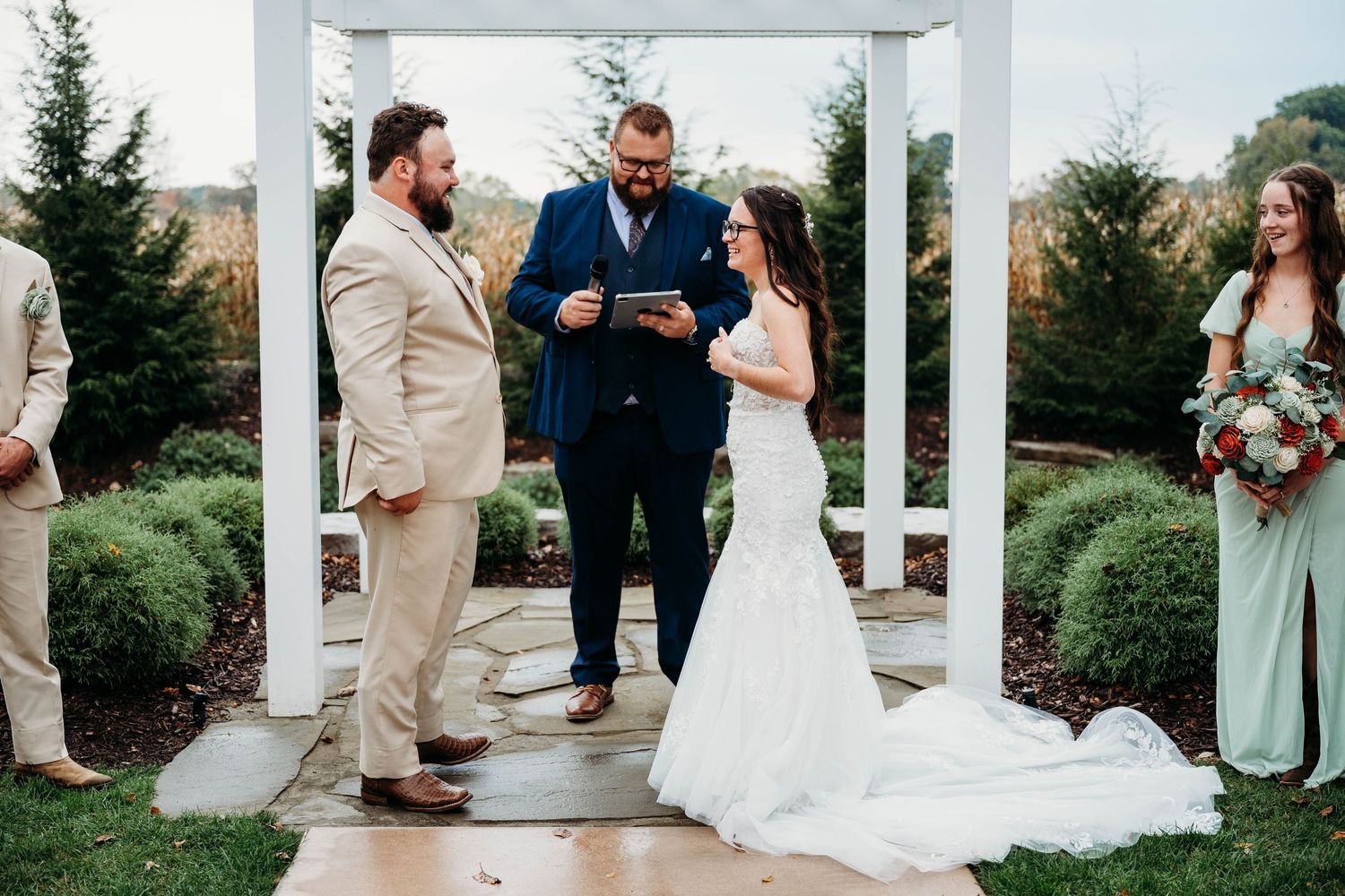 A series of romantic wedding photos showing couples in formal attire against white columns and garden backgrounds.