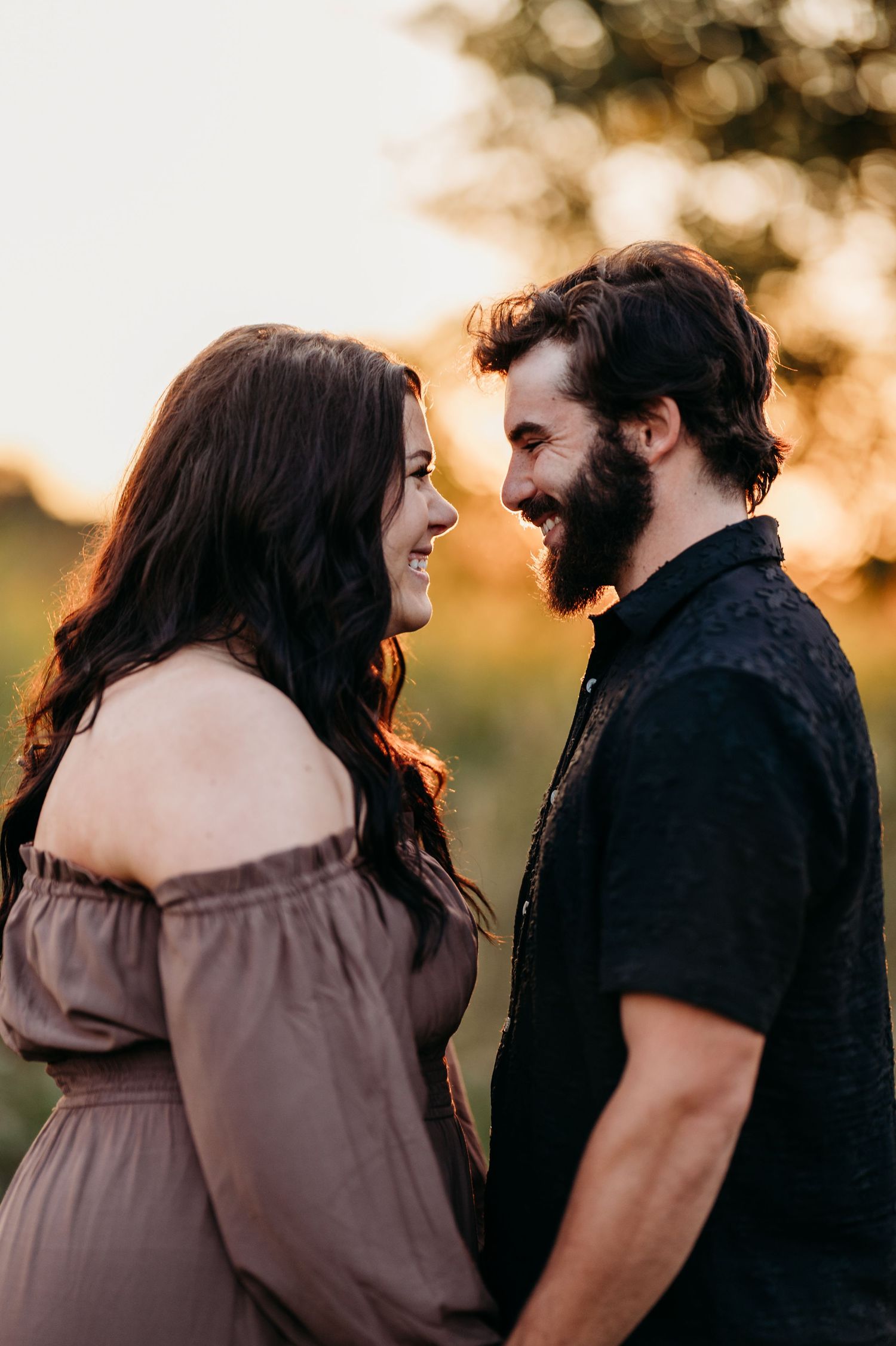 A couple shares intimate moments in a sequence of photos at sunset with warm golden lighting.