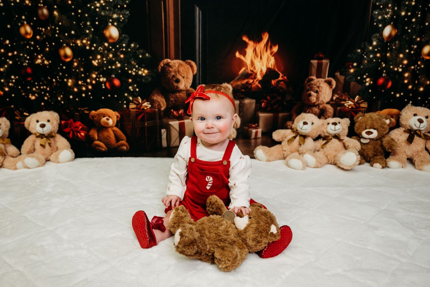 Festive holiday scene with teddy bears and glowing lights creating a magical Christmas backdrop.