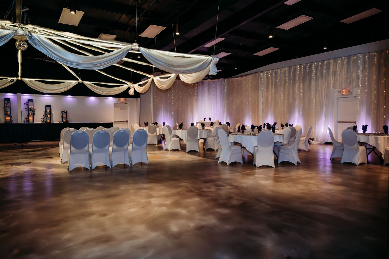 A series of wedding reception venue photos showing decorated banquet halls with white drapes, tables and ambient lighting.