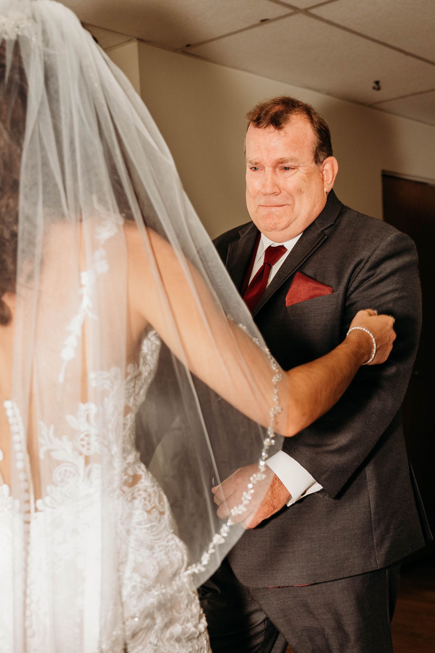 A series of photos showing a father lifting the bride's veil during an emotional wedding ceremony moment.