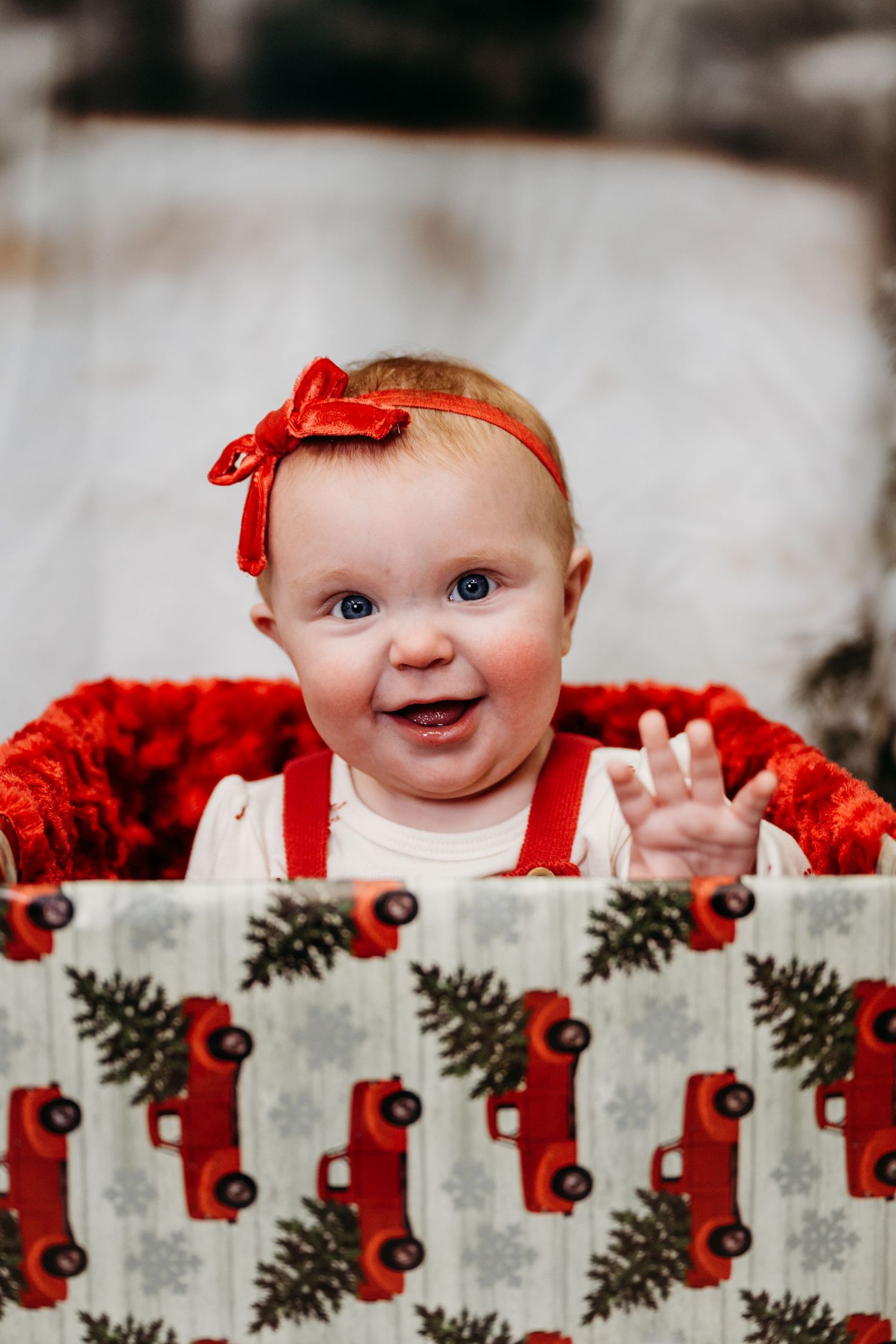 A festive holiday scene with a small child peeking over a decorative fence with red bows and pine cone patterns.