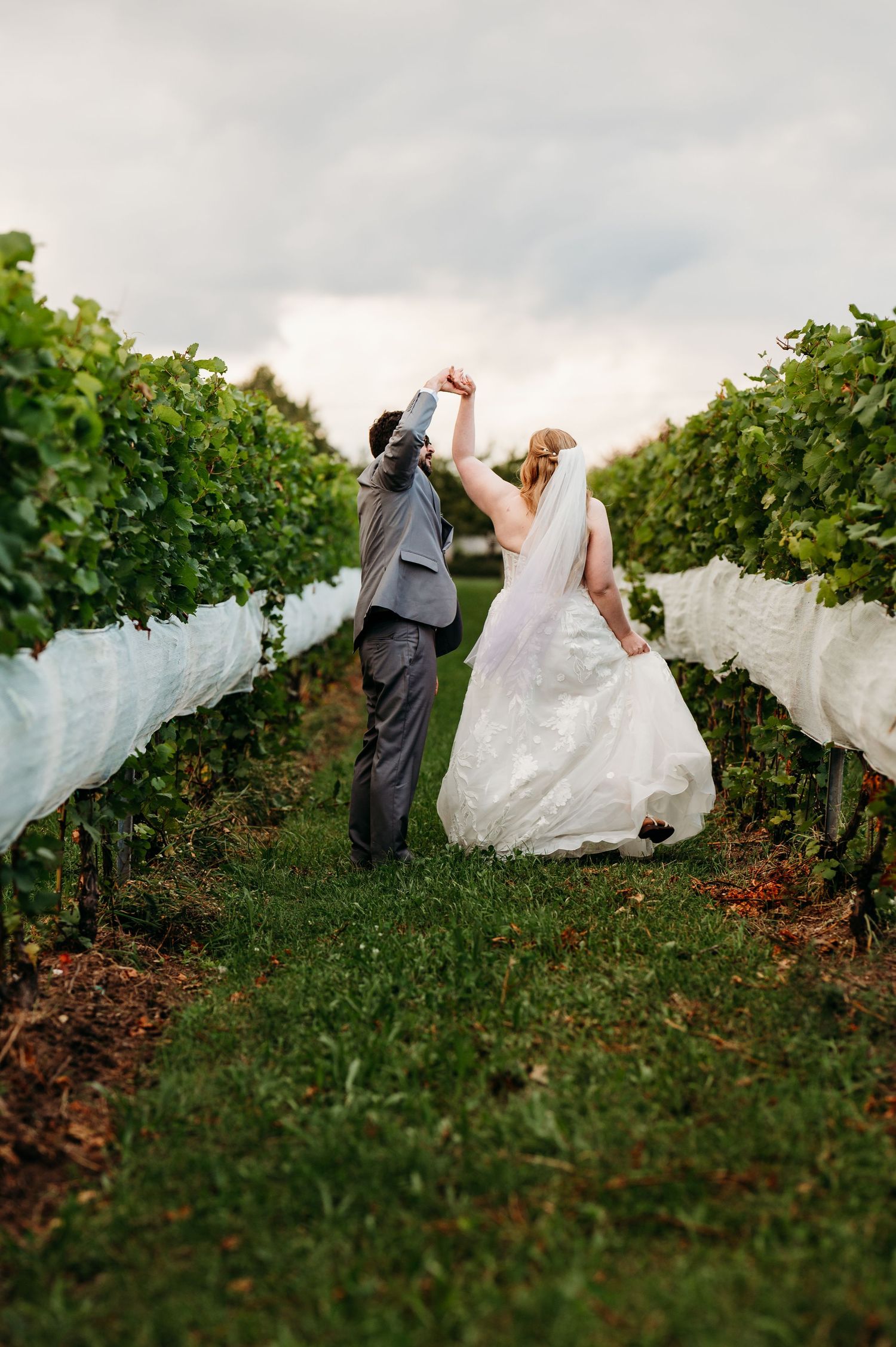 A couple in wedding attire stands in a vineyard as the bride's white veil flows dramatically in the wind.