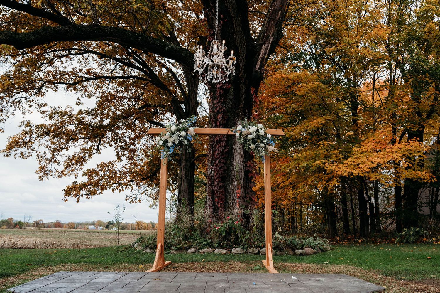 Newlyweds stroll together beneath a canopy of autumn trees with golden leaves.