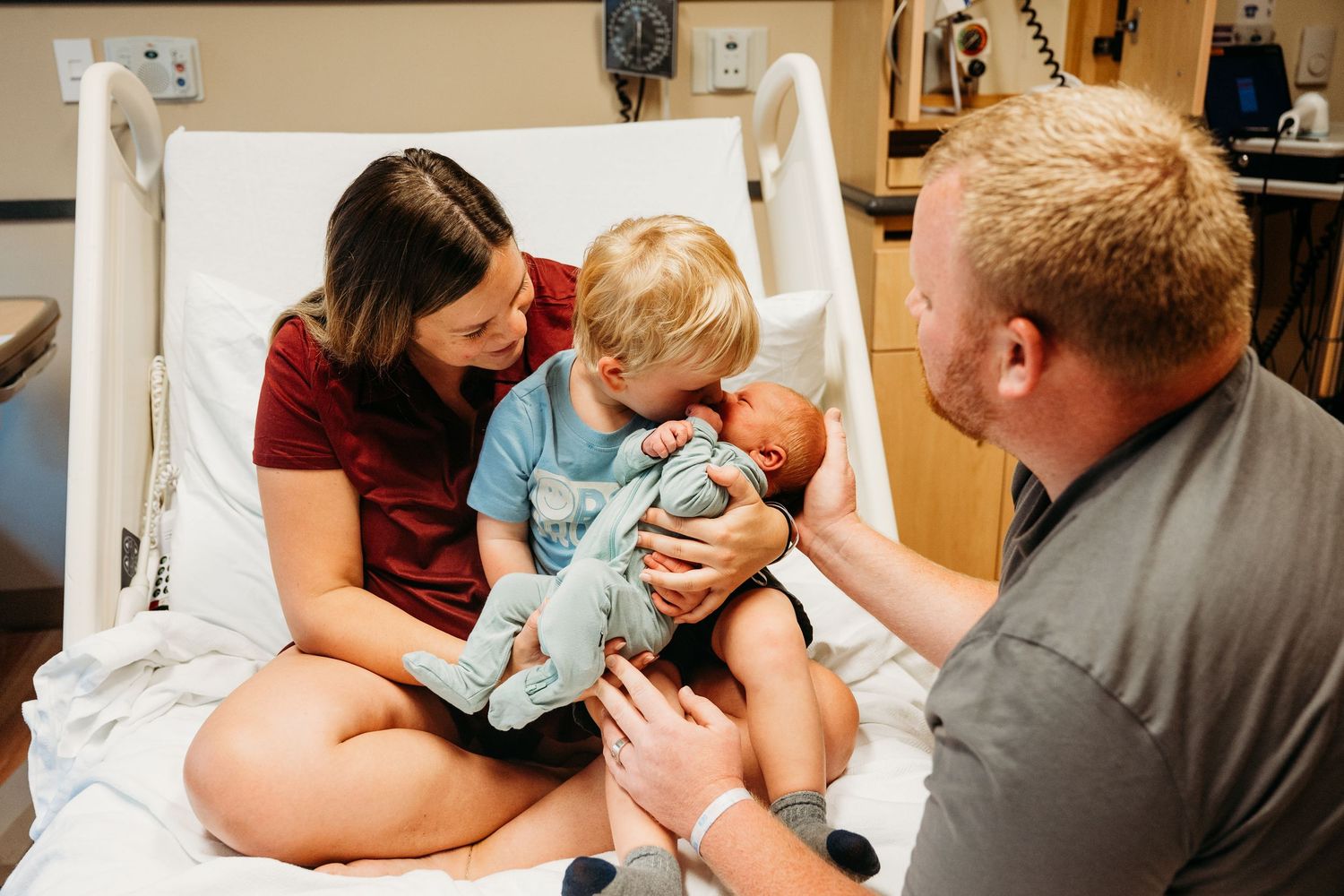 A collage of tender hospital moments showing a newborn baby being held and cared for by parents in a medical setting.