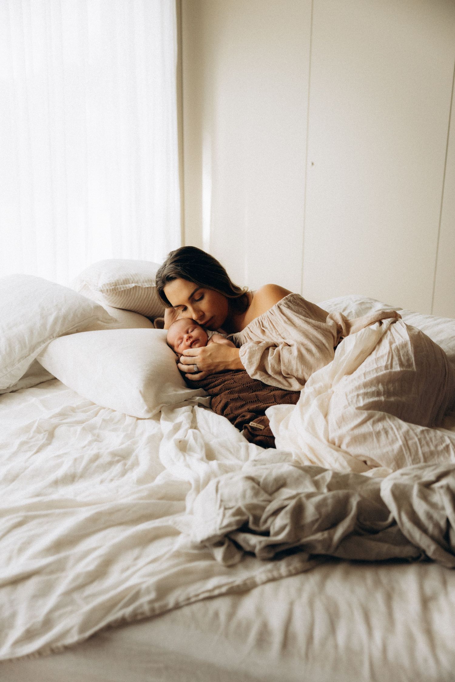 A series of peaceful photographs showing someone resting in soft morning light.