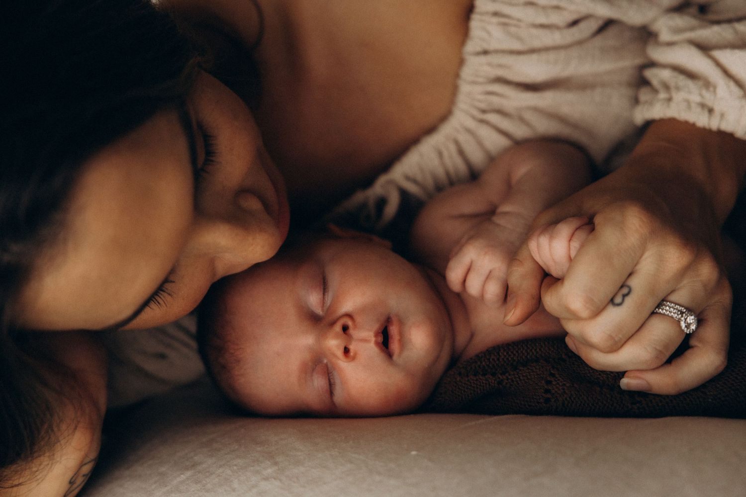 A sequence of warm-toned photographs showing peaceful rest and intimacy.