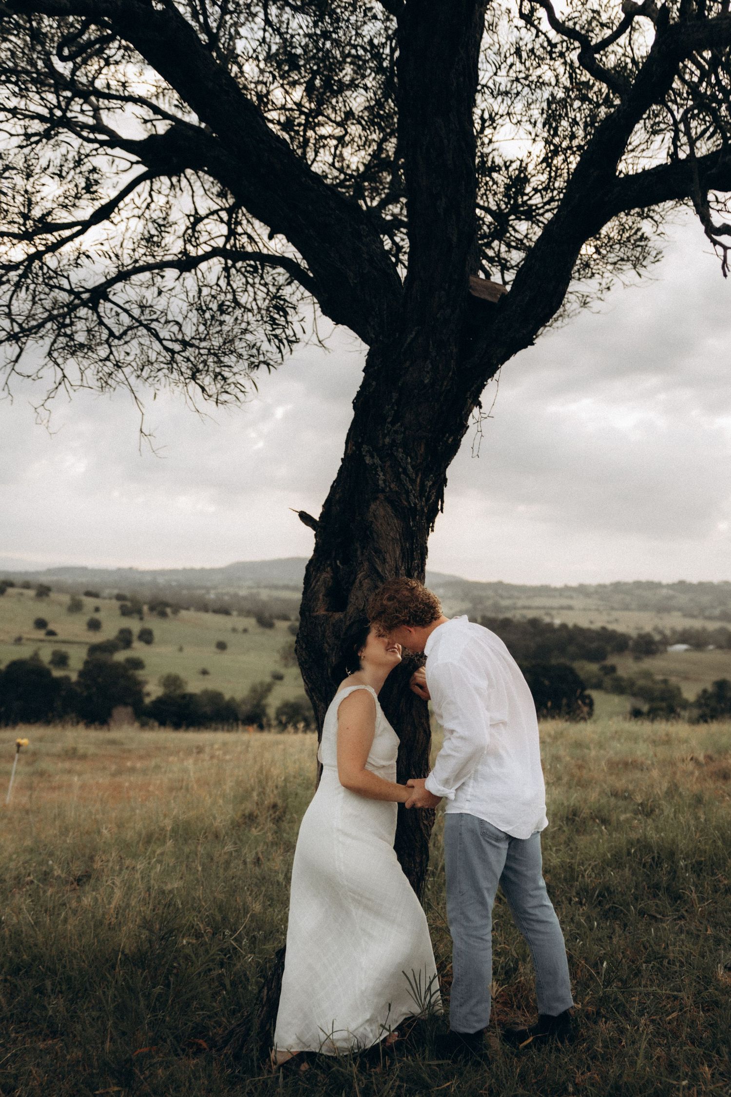 Two people embrace under the branches of an old tree in a serene countryside setting.