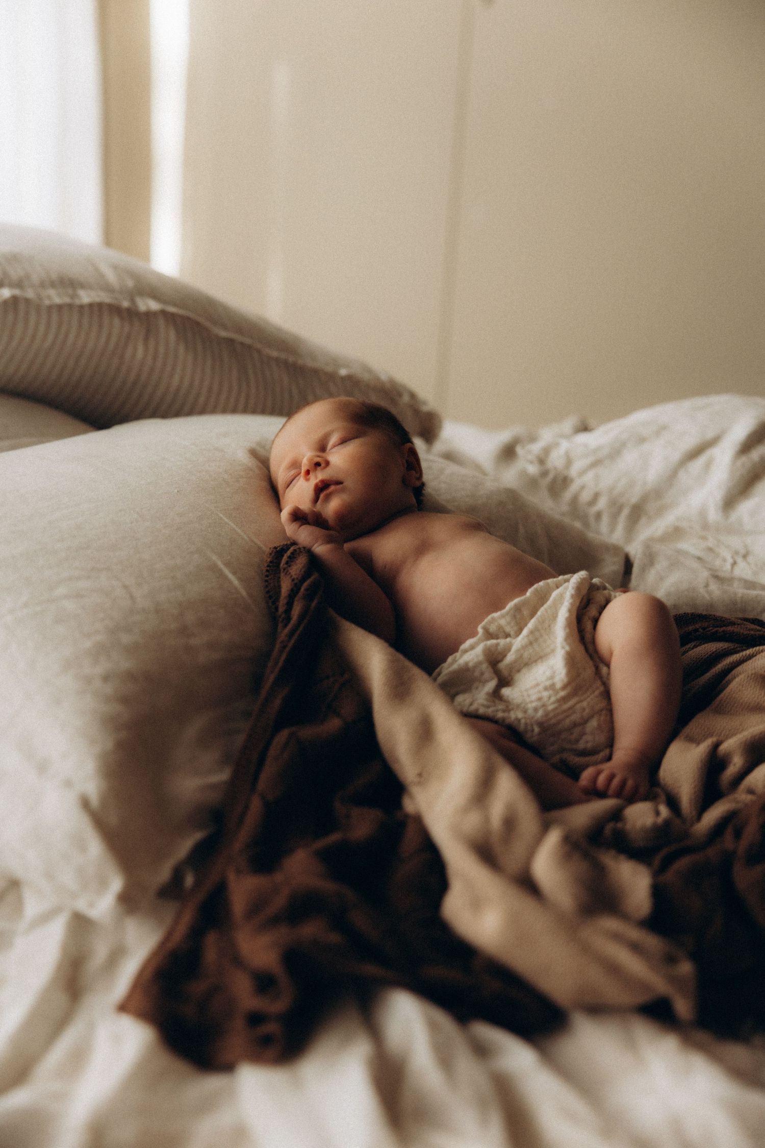 Gentle photographs capturing restful moments in a sunlit bedroom.