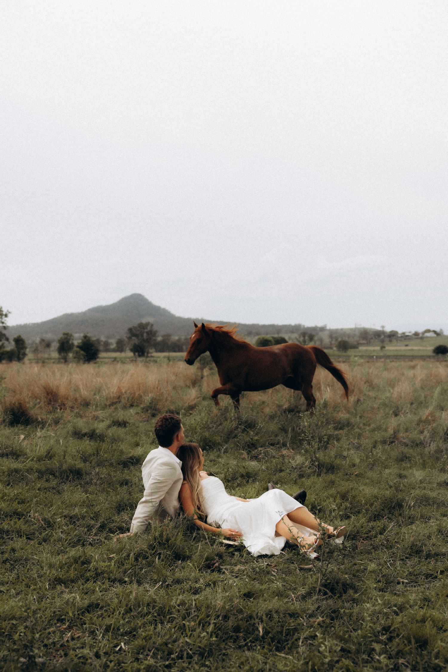 A couple sits in a grassy field while wild horses roam in the background.
