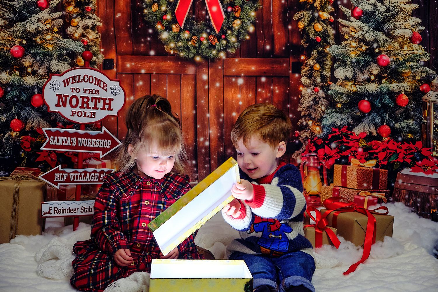 Sibling Christmas photos. siblings together with Christmas theme background.