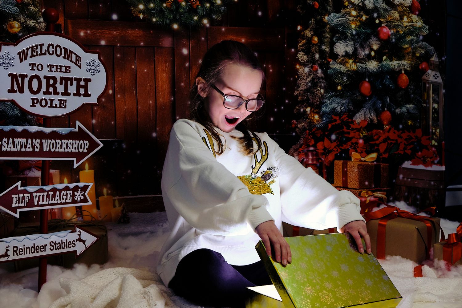 Child smiling, Christmas themed background.
