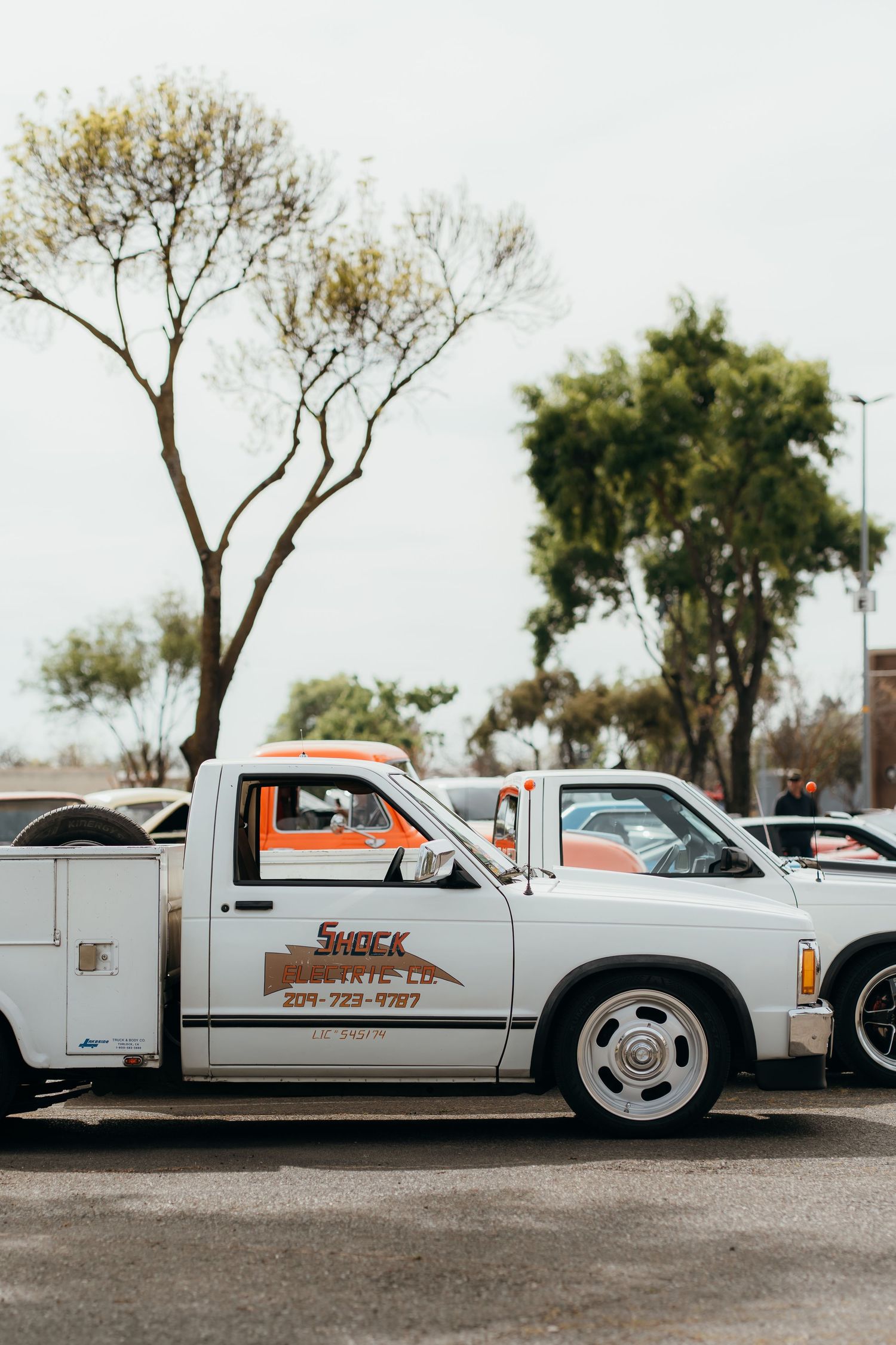 White service truck parked on street with trees in background.