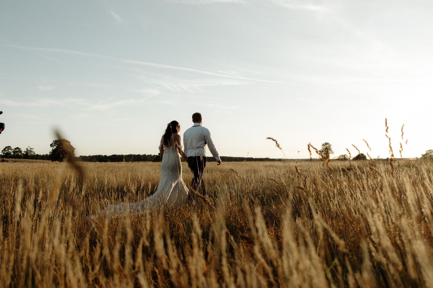 Silhouettes of people walking through a golden wheat field at sunset with tall grass swaying in the breeze.