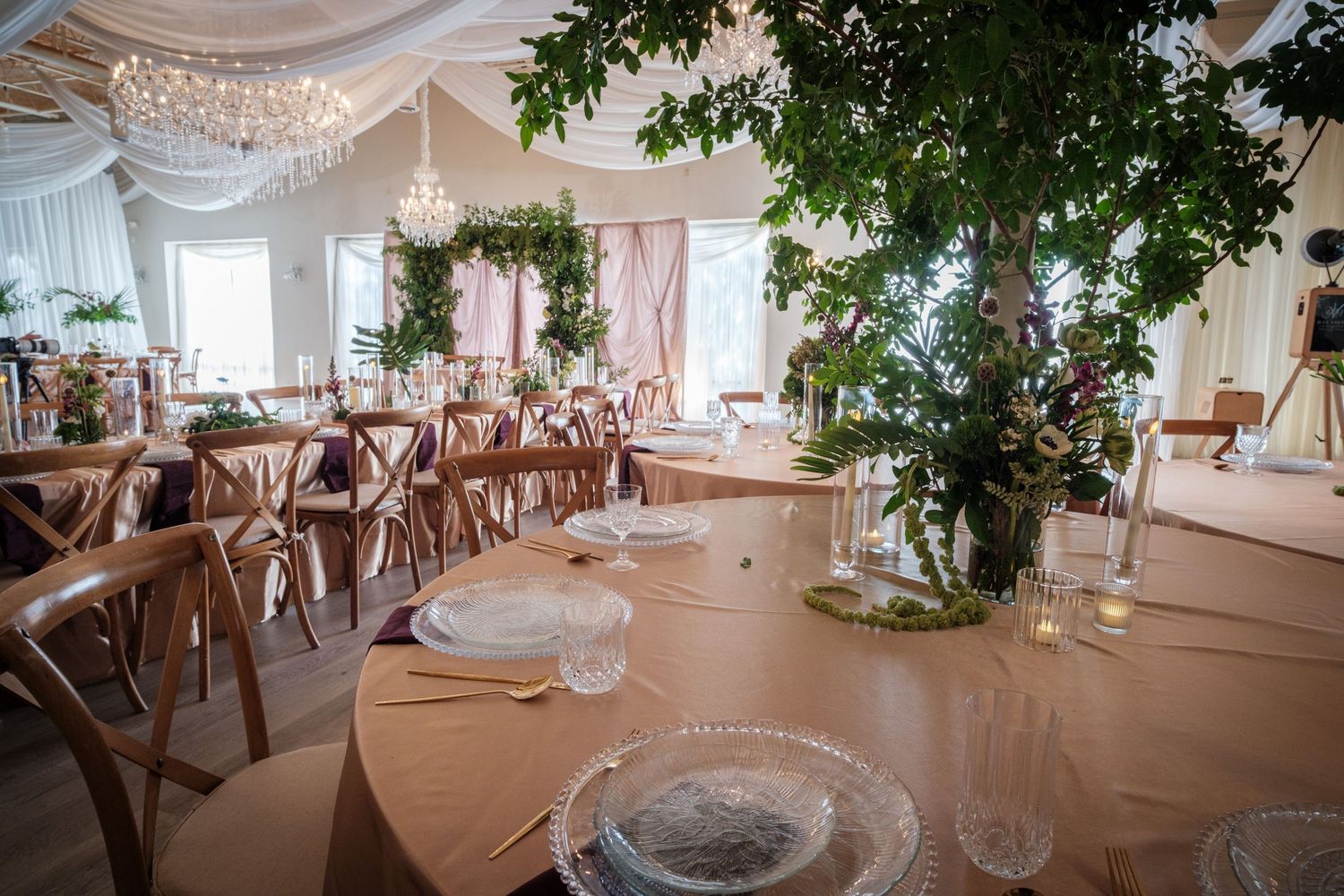 Elegant wedding reception hall with wooden cross-back chairs, beaded charger plates, and lush green tree centerpiece.