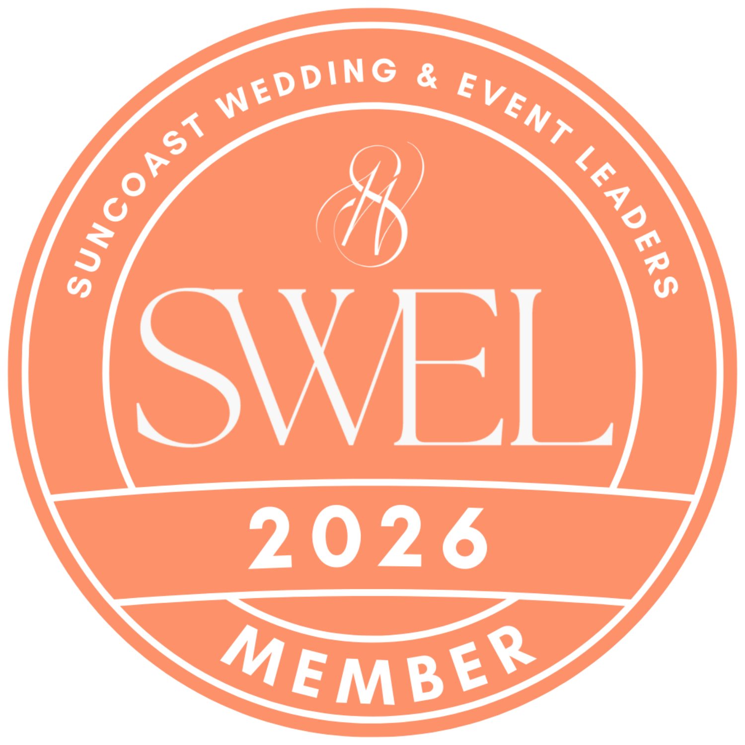 Coral-colored circular membership badge logos for a wedding and events organization.
