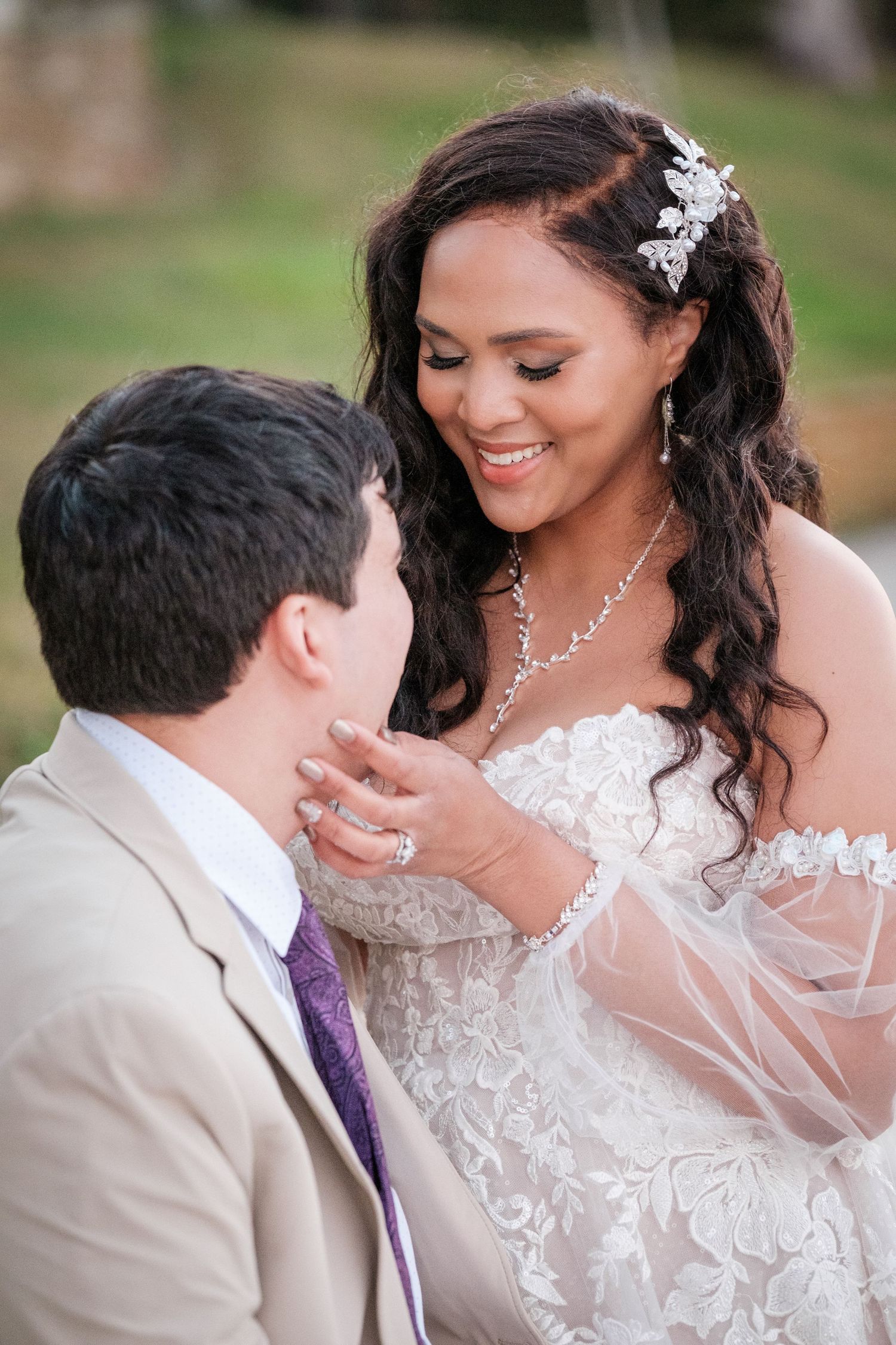 A romantic wedding couple shares tender moments in a series of close-up photos showing affection and joy.