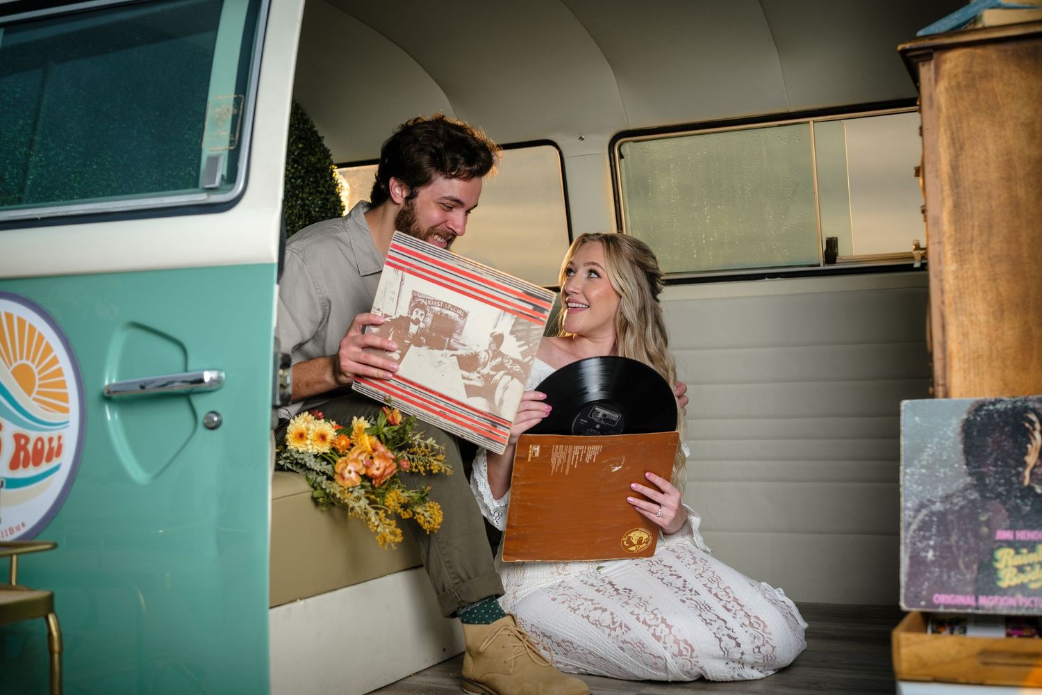 A series of vintage-style photographs showing a turquoise VW bus and people enjoying moments at a campsite.