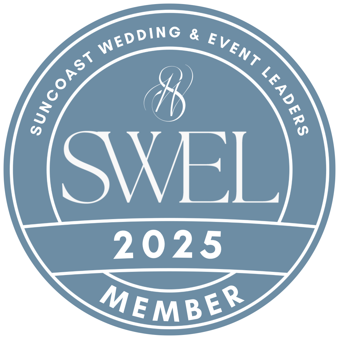 Collection of professional wedding and event planning membership badges in dusty blue circular designs.