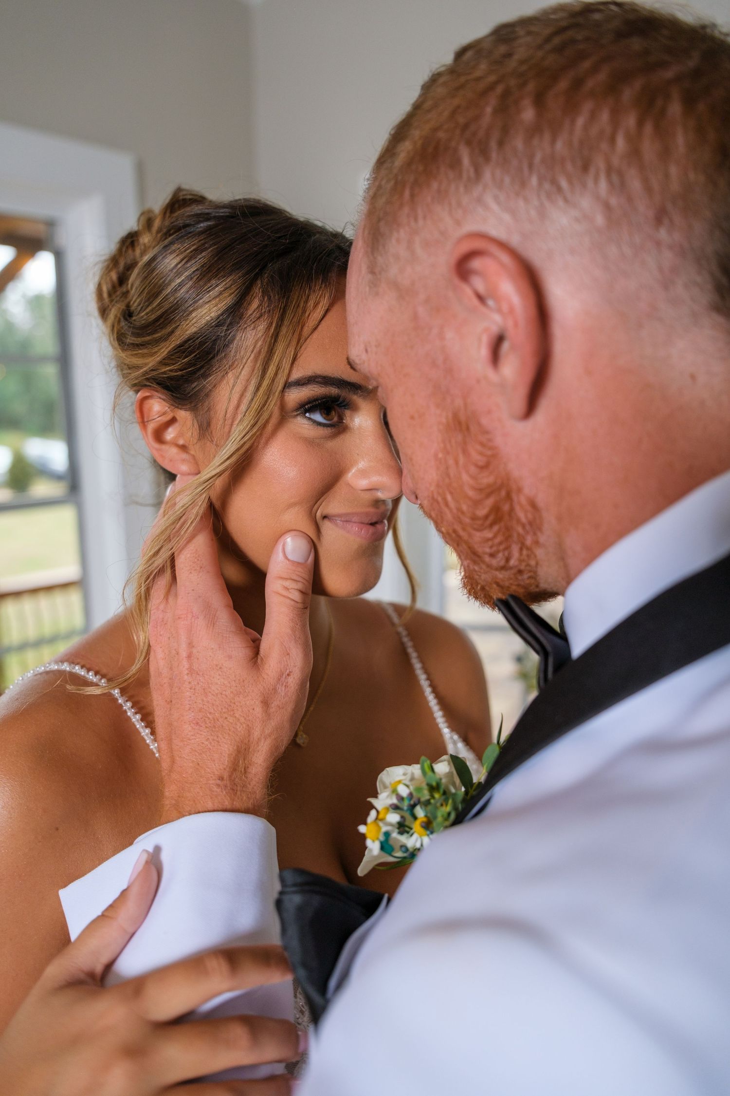 A romantic sequence of wedding photos showing tender moments between a bride and groom in formal attire.