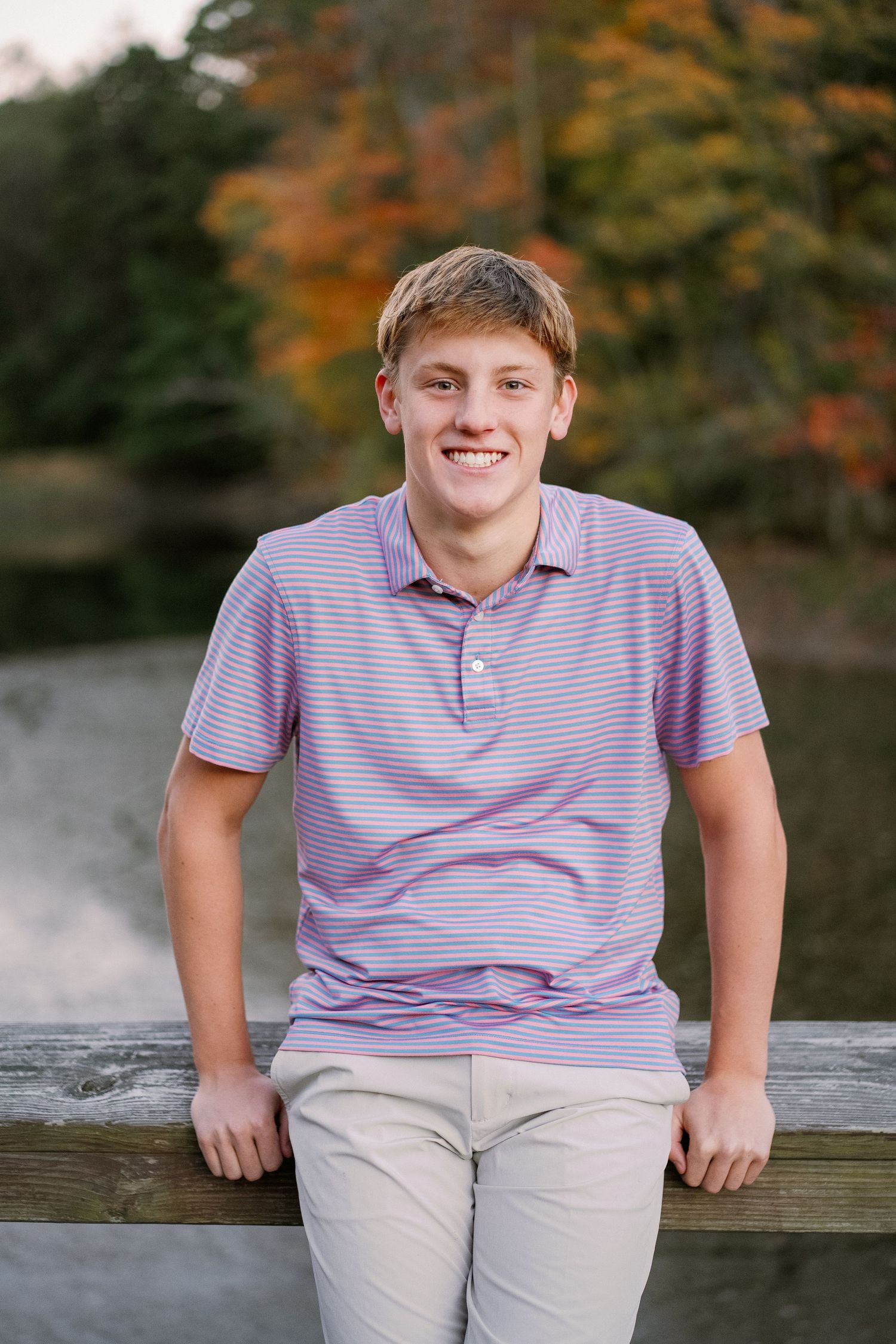 A series of four similar photos showing someone in a striped polo shirt sitting on a wooden deck with autumn trees in background.