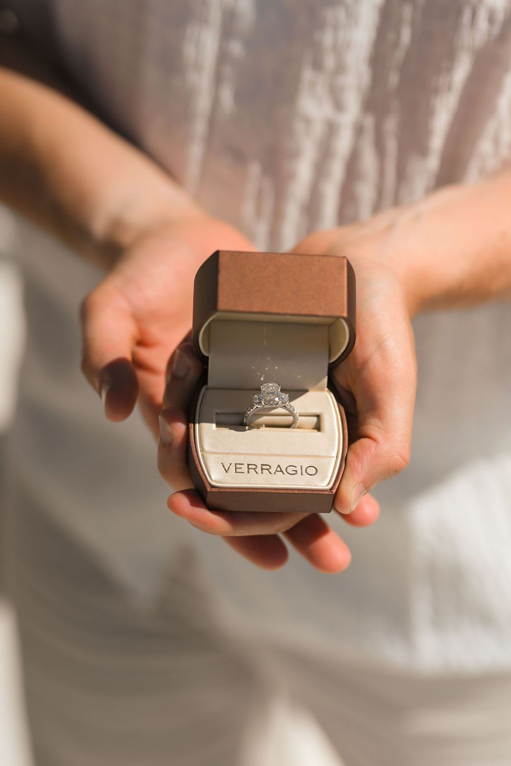 Close-up of an engagement ring during a catamaran proposal in Ibiza.
