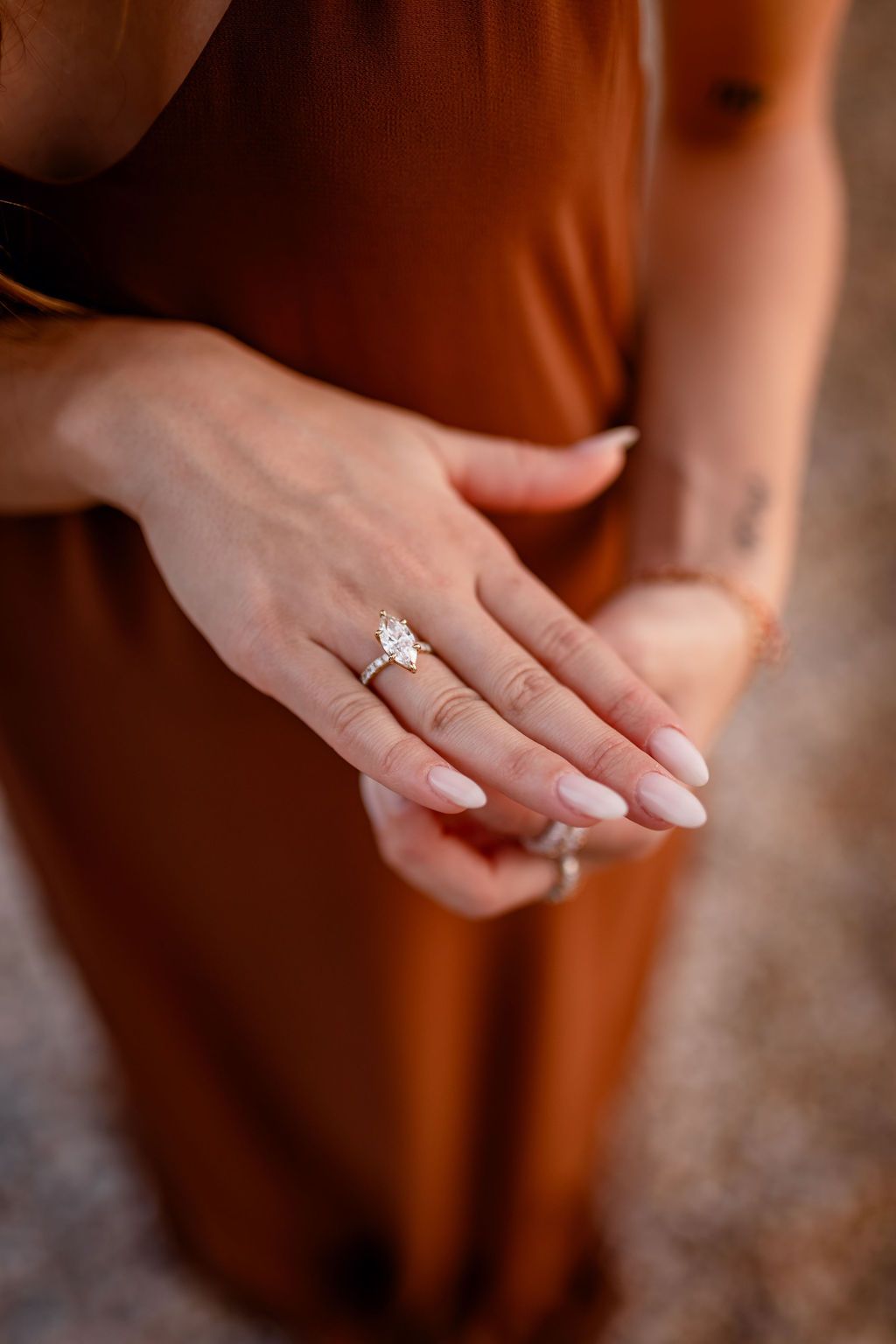 Close-up of the engagement ring after a surprise proposal in Ibiza.