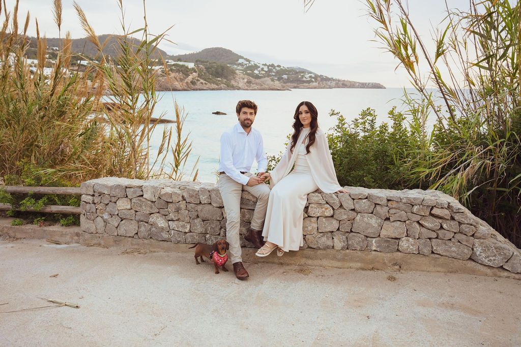 Romantic beach engagement photos with dog in Ibiza