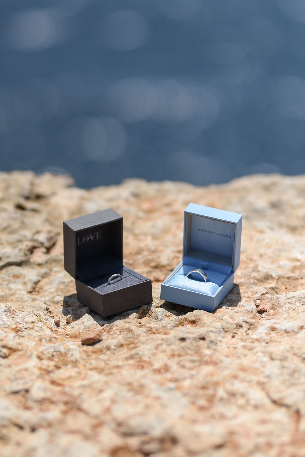 Wedding ring details photographed during an elopement at Es Vedrà in Ibiza.