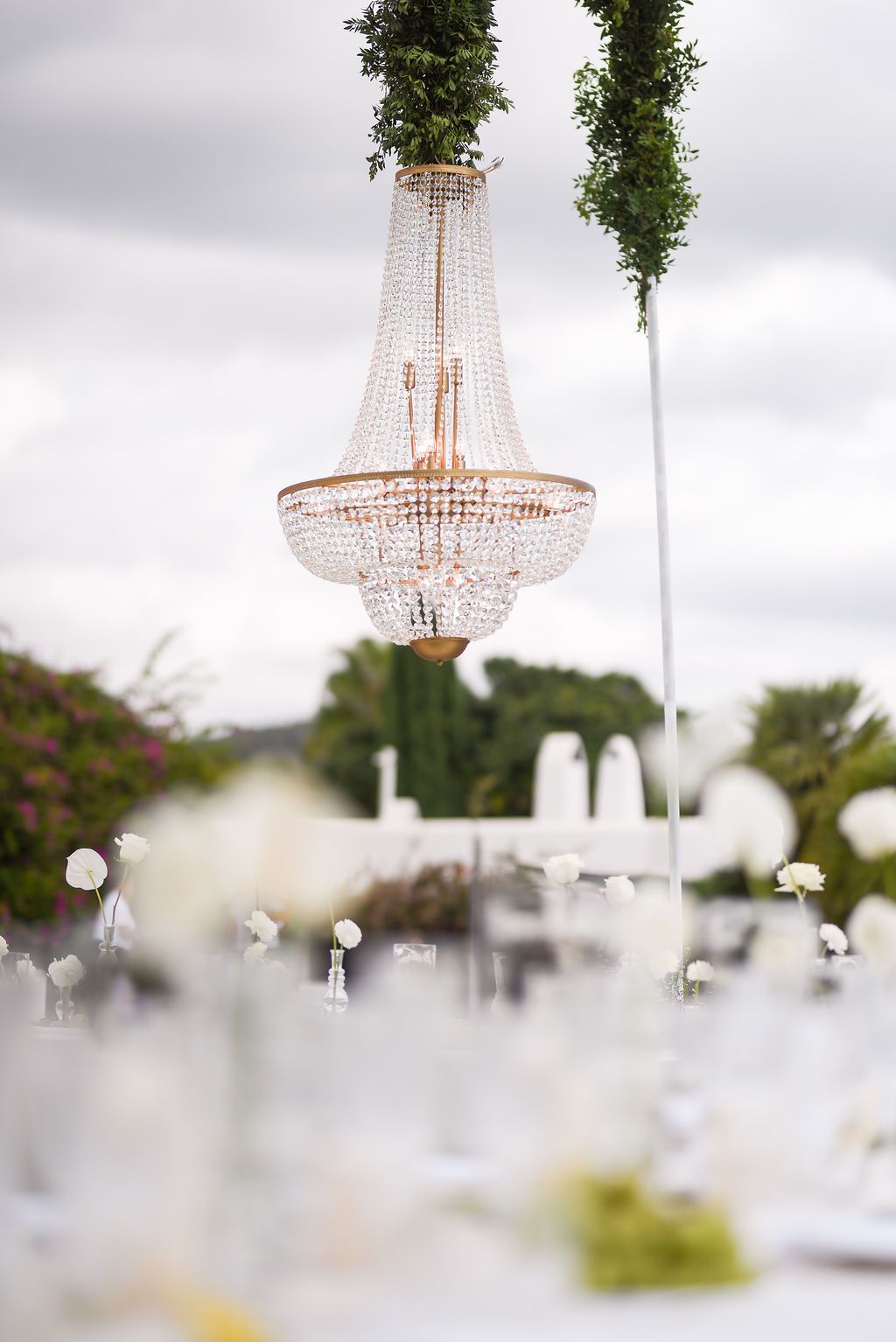Romantic chandelier lighting for a luxury Ibiza wedding celebration at Villa Star Blue