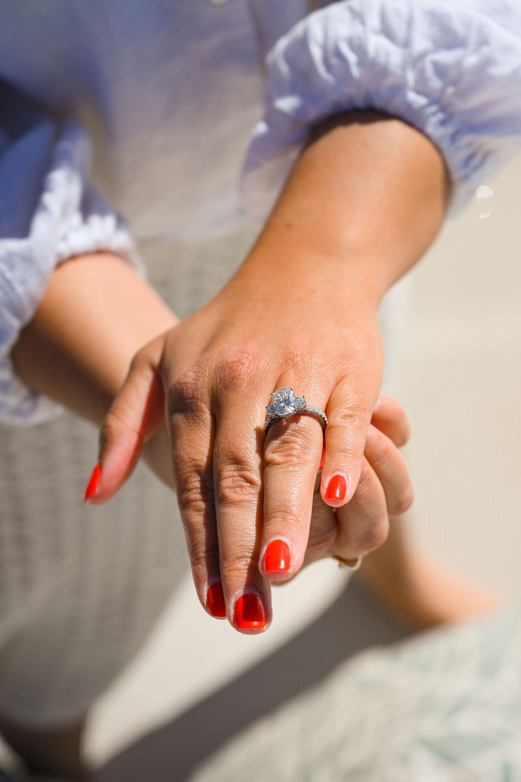 Engagement ring during a proposal on a catamaran in Ibiza.