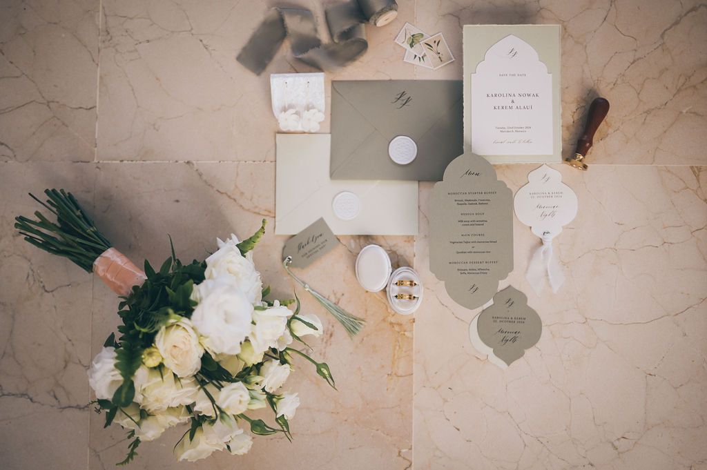 Wedding flat lay details at Palais Namaskar in Marrakesh.