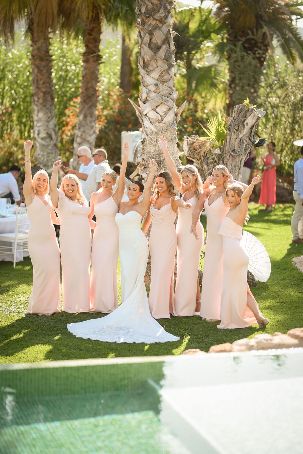 Bride and Bridesmaids celebrating during a wedding at Can Gall Ibiza.