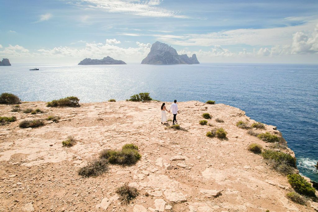 Drone photo of a couple's proposal in Ibiza at Es Vedra.